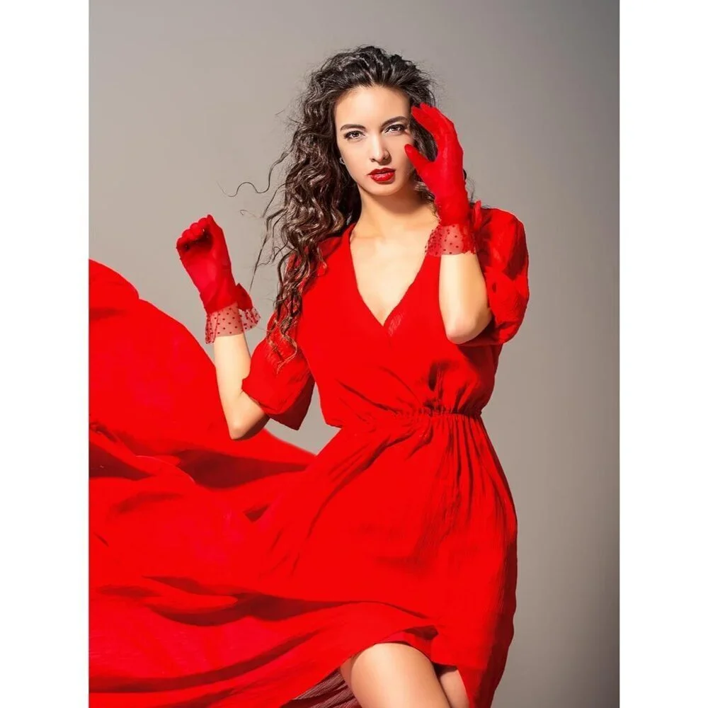 Women's Short Red Bow Lace Gloves Tea Party Elegant Opera Wedding Accessories